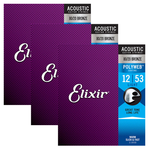 3 Pack! Elixir Light 12-53 Acoustic 80/20 Bronze Strings Polyweb 11050