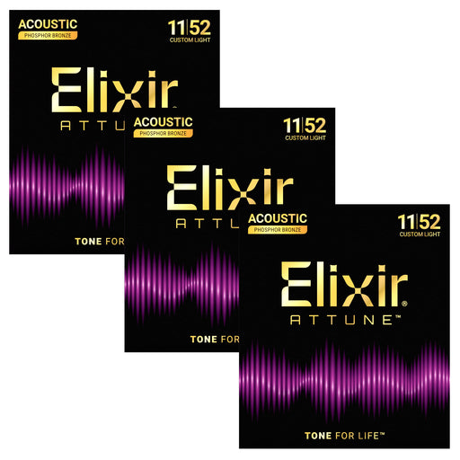 3 Pack! Elixir Attune Acoustic Phosphor Bronze Guitar Strings Custom Light (.011-.052) 21027