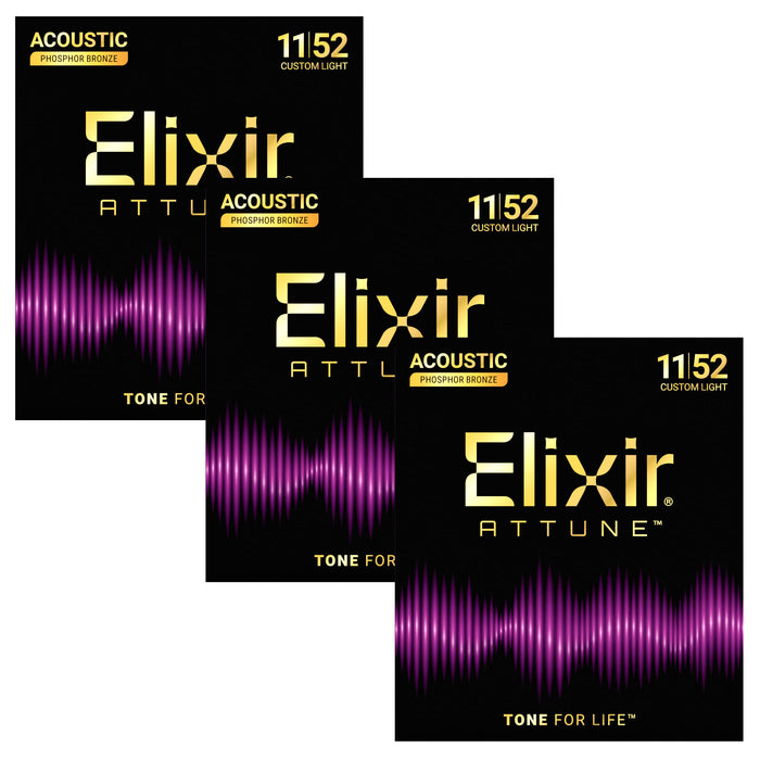3 Pack! Elixir Attune Acoustic Phosphor Bronze Guitar Strings Custom Light (.011-.052) 21027
