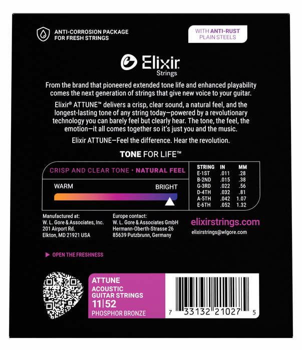 Elixir Attune Acoustic Phosphor Bronze Guitar Strings Custom Light (.011-.052) 21027