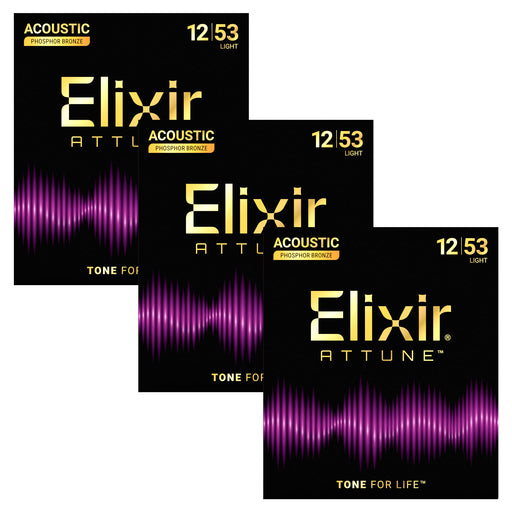 3 Pack! Elixir Attune Acoustic Phosphor Bronze Guitar Strings Light (.012-.053) 21052