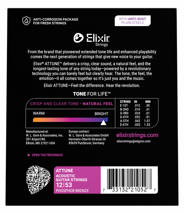 Elixir Attune Acoustic Phosphor Bronze Guitar Strings Light (.012-.053) 21052