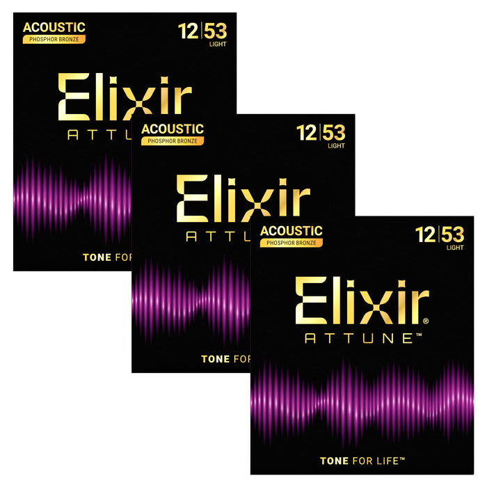 3 Pack! Elixir Attune Acoustic Phosphor Bronze Guitar Strings Light (.012-.053) 21052