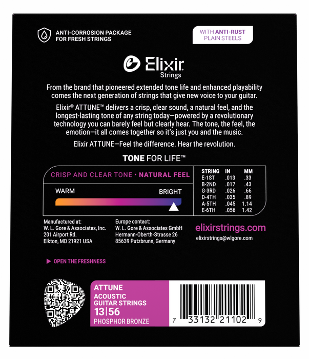 Elixir Attune Acoustic Phosphor Bronze Guitar Strings Medium (.013-.056) 21102