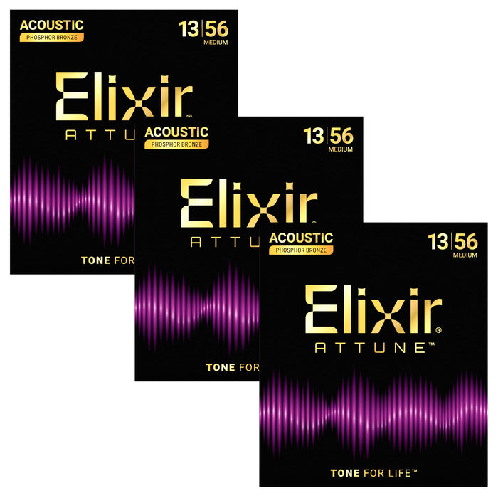3 Pack! Elixir Attune Acoustic Phosphor Bronze Guitar Strings Medium (.013-.056) 21102
