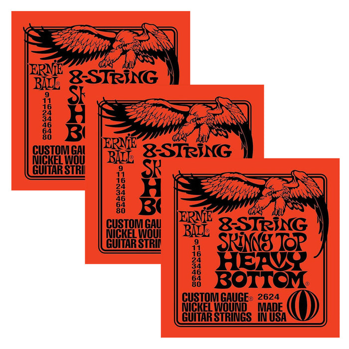 3-Pack! Ernie Ball 2624 Skinny Top Heavy Bottom 8-String Electric Strings 9-80