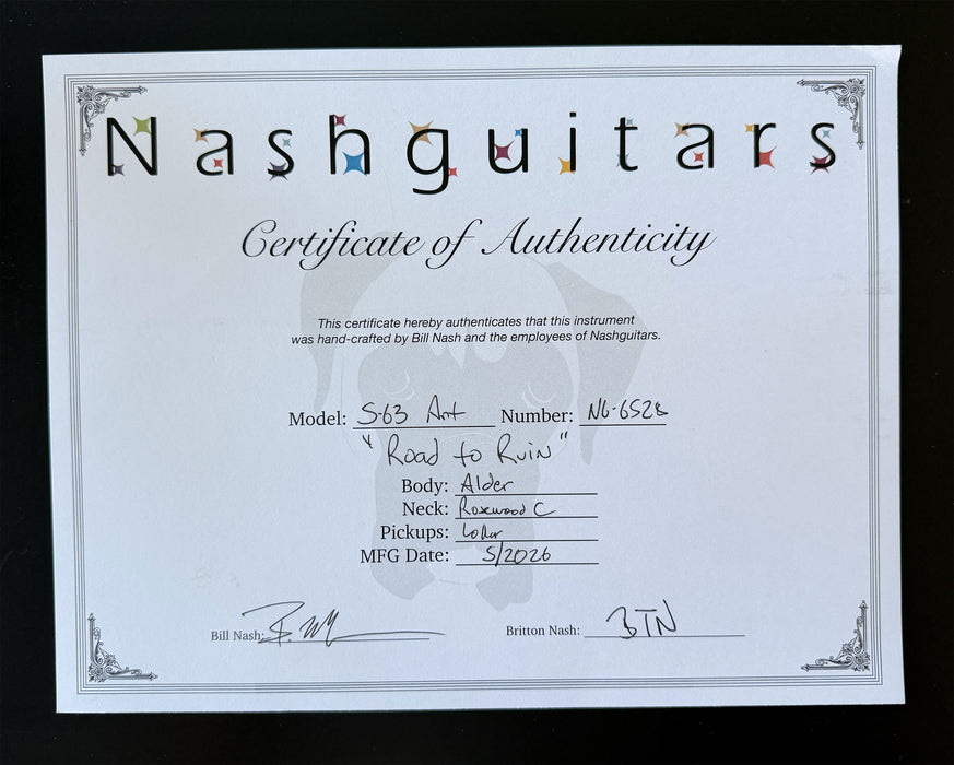 Nash Guitars Model S-63 Custom 1 of 1 Finish Lollar Pickups Rosewood Neck NG6528
