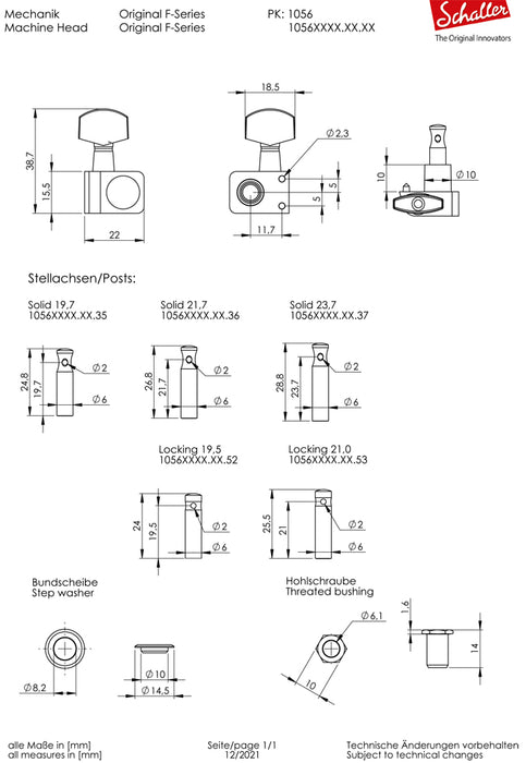 Schaller F-Series 6IL Standard 2-Pin Tuners 18:1 Ratio Nickel 10560120.01.36