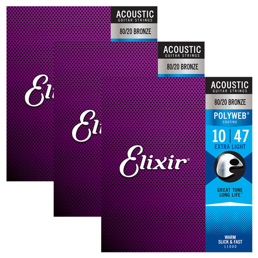 3 Pack! Elixir Extra Light 10-47 Acoustic 80/20 Bronze Strings Polyweb 11000
