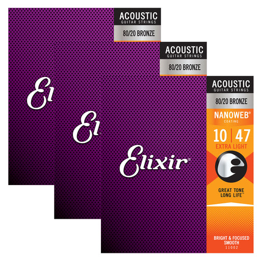 3 Pack! Elixir Extra Light 10-47 Acoustic 80/20 Bronze Strings Nanoweb 11002