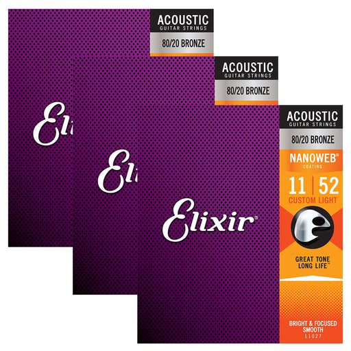 3 Pack! Elixir Custom Light 11-52 Acoustic 80/20 Bronze Strings Nanoweb 11027
