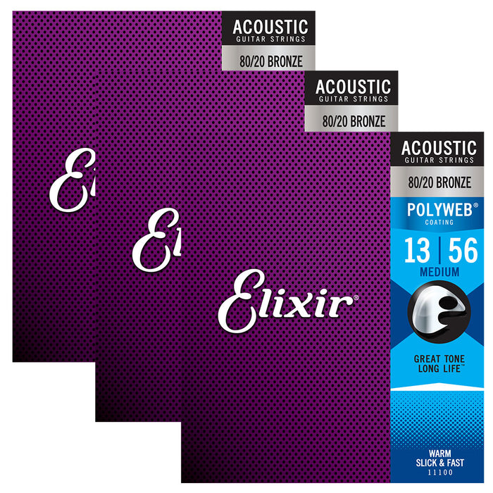 3 Pack! Elixir Medium 13-56 Acoustic 80/20 Bronze Strings Polyweb 11100