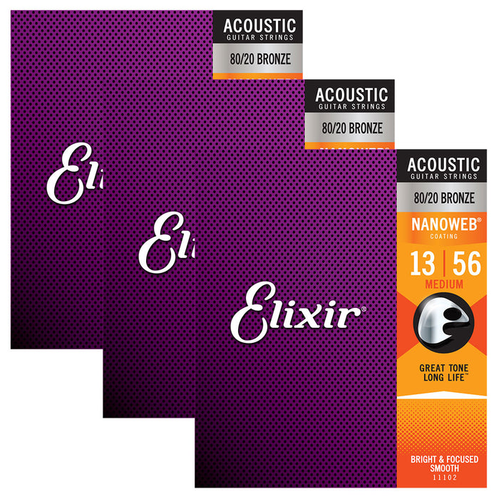 3 Pack! Elixir Medium 13-56 Acoustic 80/20 Bronze Strings Nanoweb 11102