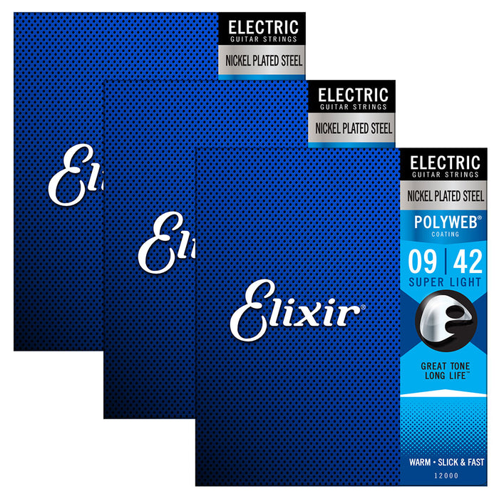 3 Pack! Elixir Super Light 9-42 Electric Nickel Plated Strings Polyweb 12000