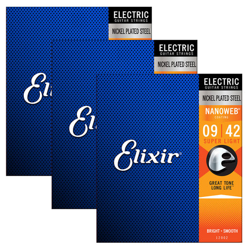 3 Pack! Elixir Super Light 9-42 Electric Nickel Plated Strings Nanoweb 12002