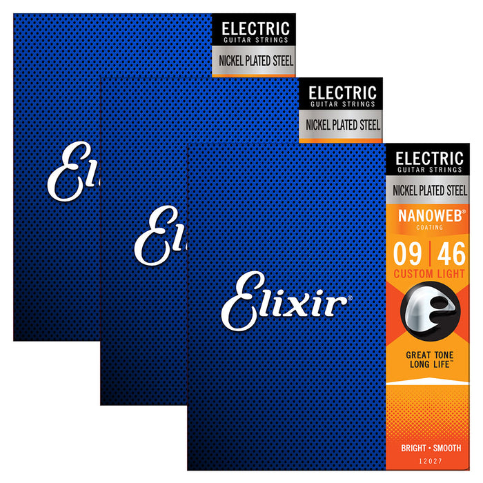 3 Pack! Elixir Custom Light 9-46 Electric Nickel Plated Nanoweb 12027
