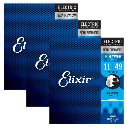 3 Pack! Elixir Medium 11-49 Electric Nickel Plated Strings Polyweb 12100