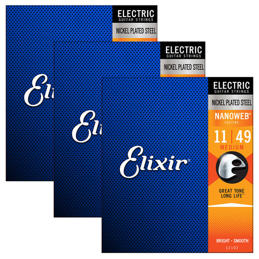 3 Pack! Elixir Medium 11-49 Electric Nickel Plated Strings Nanoweb 12102