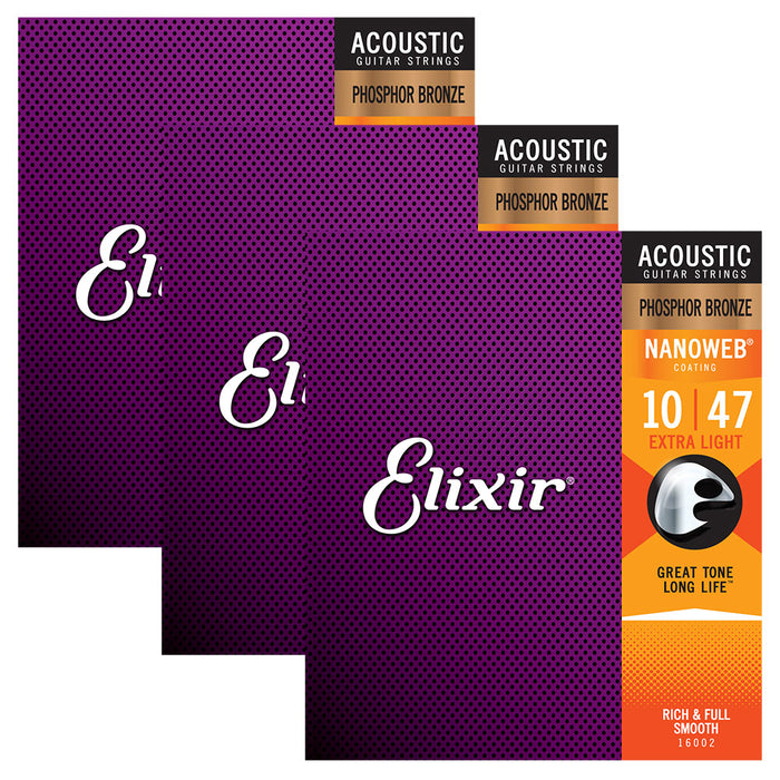 3-Pack! Elixir Extra Light 10-47 Acoustic Phosphor Bronze Nanoweb 16002