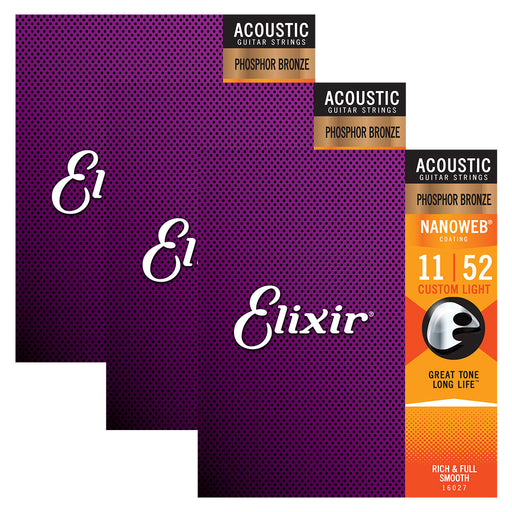 3-Pack! Elixir Custom Light 11-52 Acoustic Phosphor Bronze Nanoweb 16027