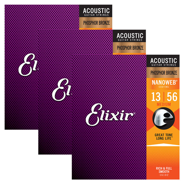 3-Pack! Elixir Medium 13-56 Acoustic Phosphor Bronze Nanoweb 16102