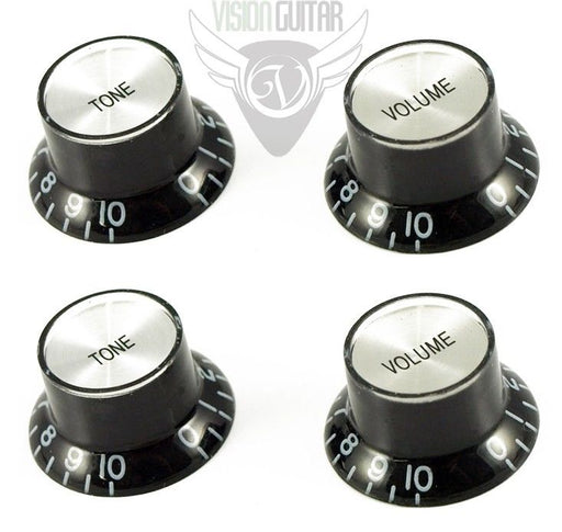 Black Bell Knob Set Silver Top - (Set of 4) - Fits Gibson USA Guitars