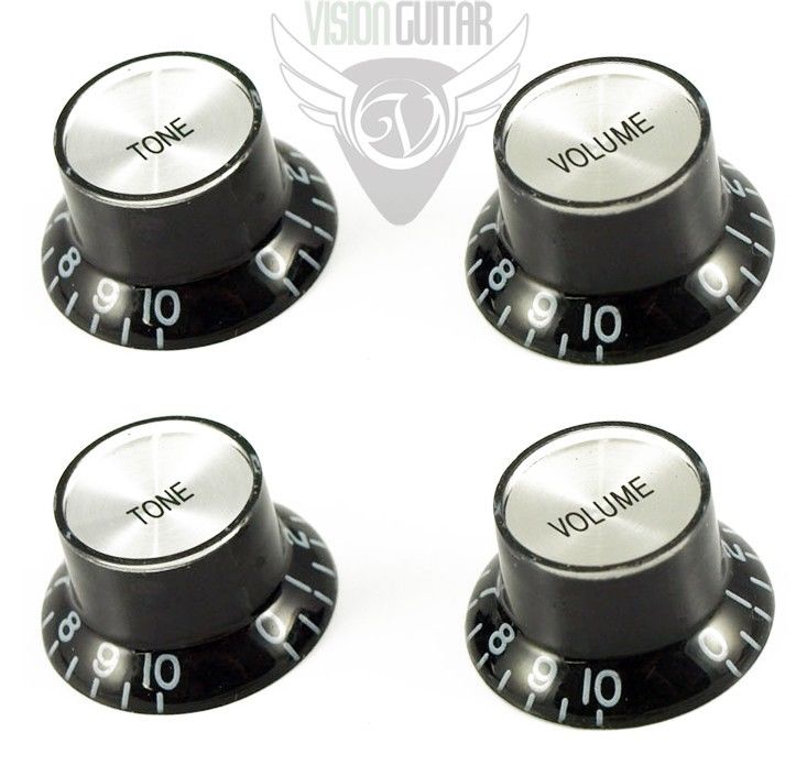 Black Bell Knob Set Silver Top - (Set of 4) - Fits Gibson USA Guitars