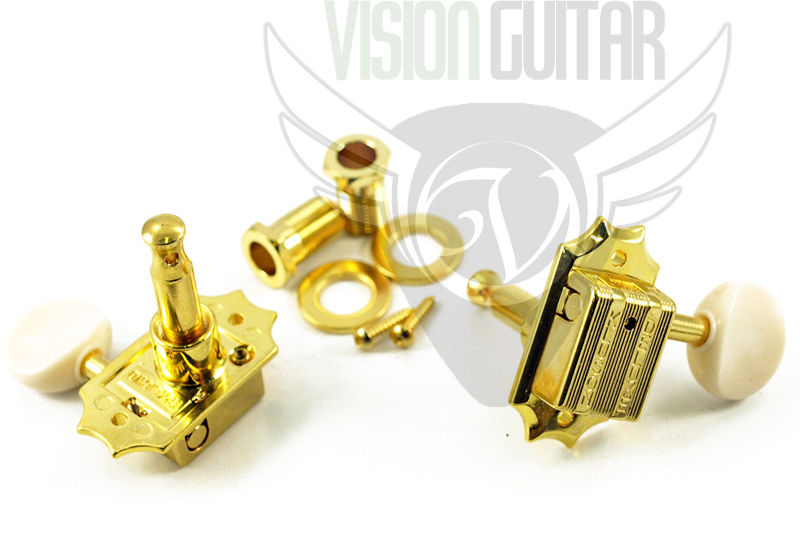 TonePros TPKBW-G GOLD Kluson Tuners 3x3 White Button - 60's Style!