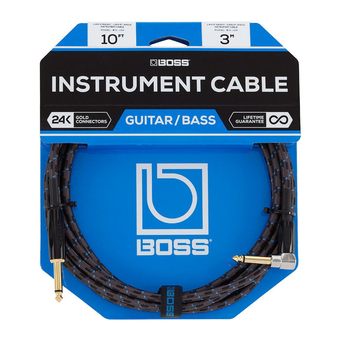 Boss BIC-10A 10' Instrument Cable Angled To Straight Plugs
