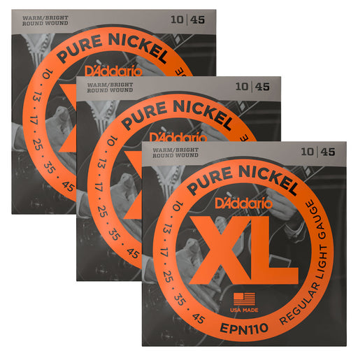 3-Pack! D'Addario EPN110 Pure Nickel Guitar Strings 10-45 Classic Vintage Tone