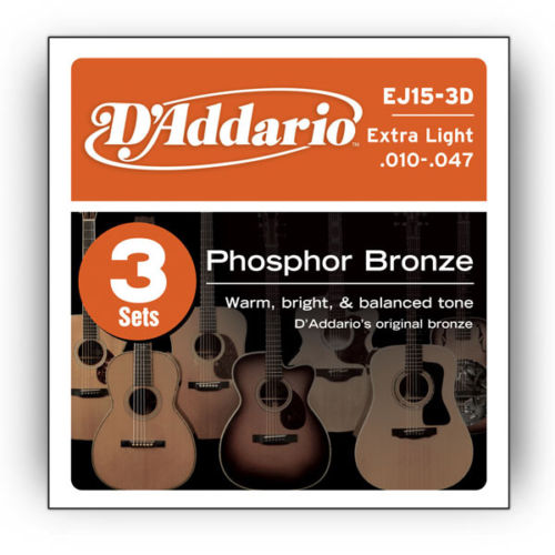 (3 Sets) D'Addario Phosphor Bronze Acoustic Guitar Strings 10-47 EJ15-3D