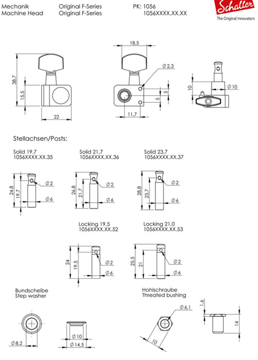 Schaller F-Series 6IL Locking 2-Pin Tuners 18:1 Ratio Chrome 10560220.01.50